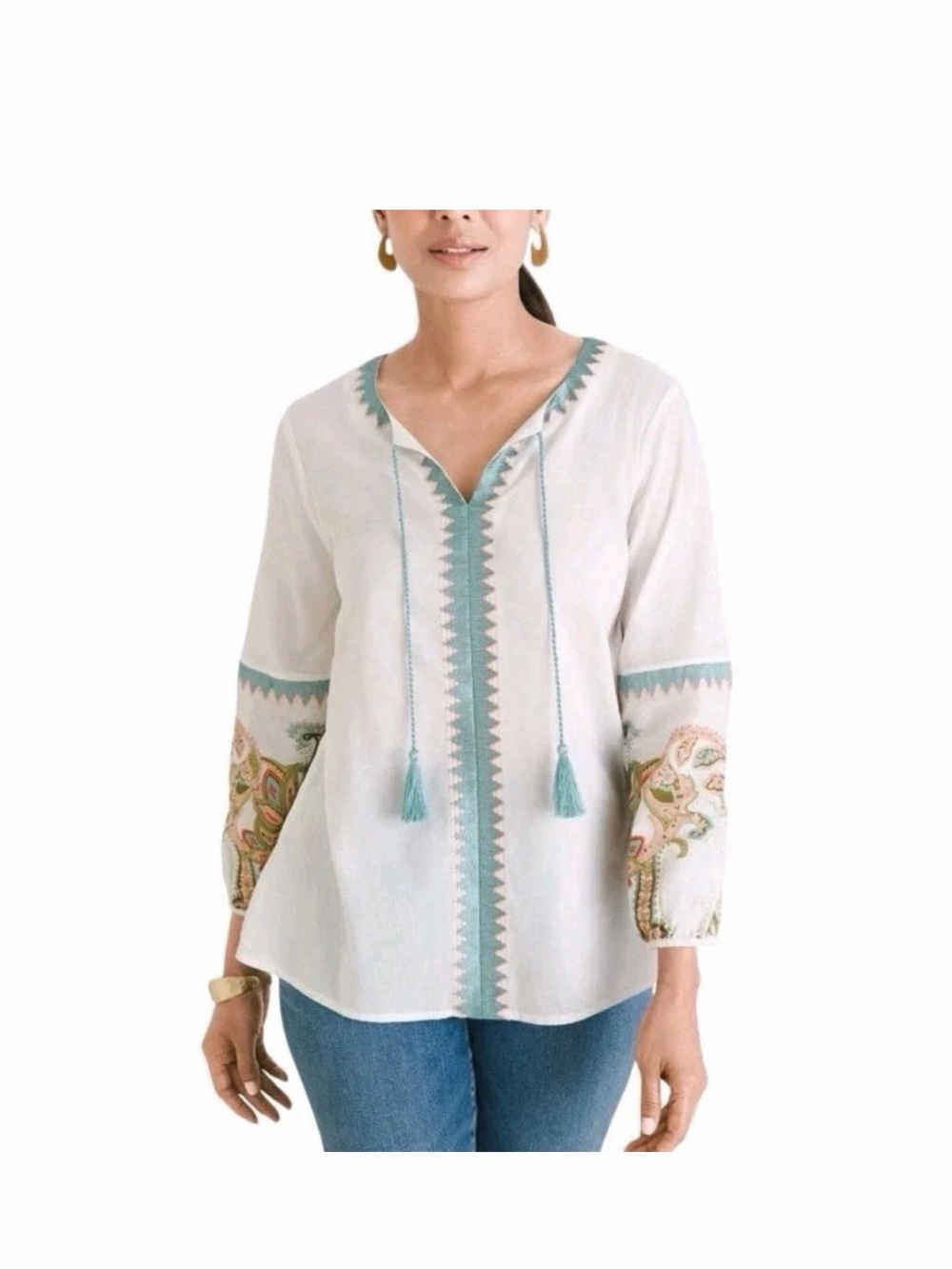 Embroidered White Peasant Blouse with Teal Trim NWOT size M
